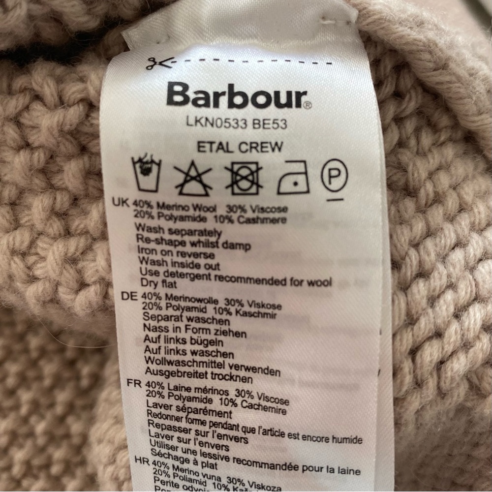 Barbour Chunky Cable Knit Winter Tartan Crew Wool Cashmere Sweater Beige 10 - Picture 6 of 6